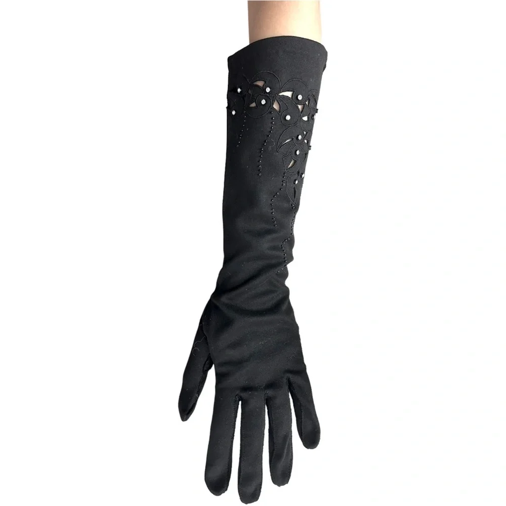 Vintage Wear Right Gloves Black Rhinestone & Cut Outs Size 6.5 - Picture 3 of 10